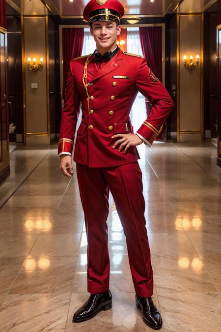 lobby of luxury hotel, YannisPaluan (wearing red bellhop uniform), standing next to bellman cart, smiling, masterpiece, (((full body portrait))), (full body), wide angle, (high face detail),  <lora:YannisPaluan:0.8>