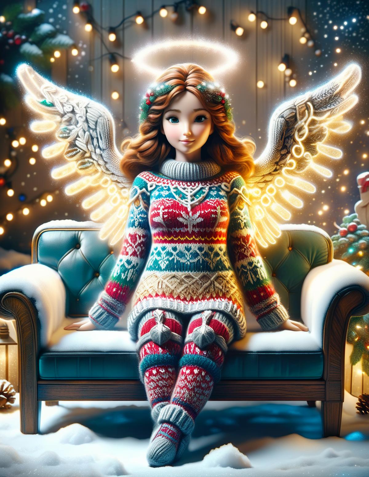 A Christmas Angel wearing a sweater and winged socks sitting on a chair.