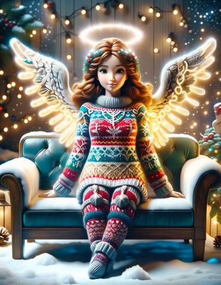 <lora:SDXLChristmasSweater:1>christmassweater, photo of a beautiful snow angel, sitting on a couch made of Christmas lights, high quality, beautiful