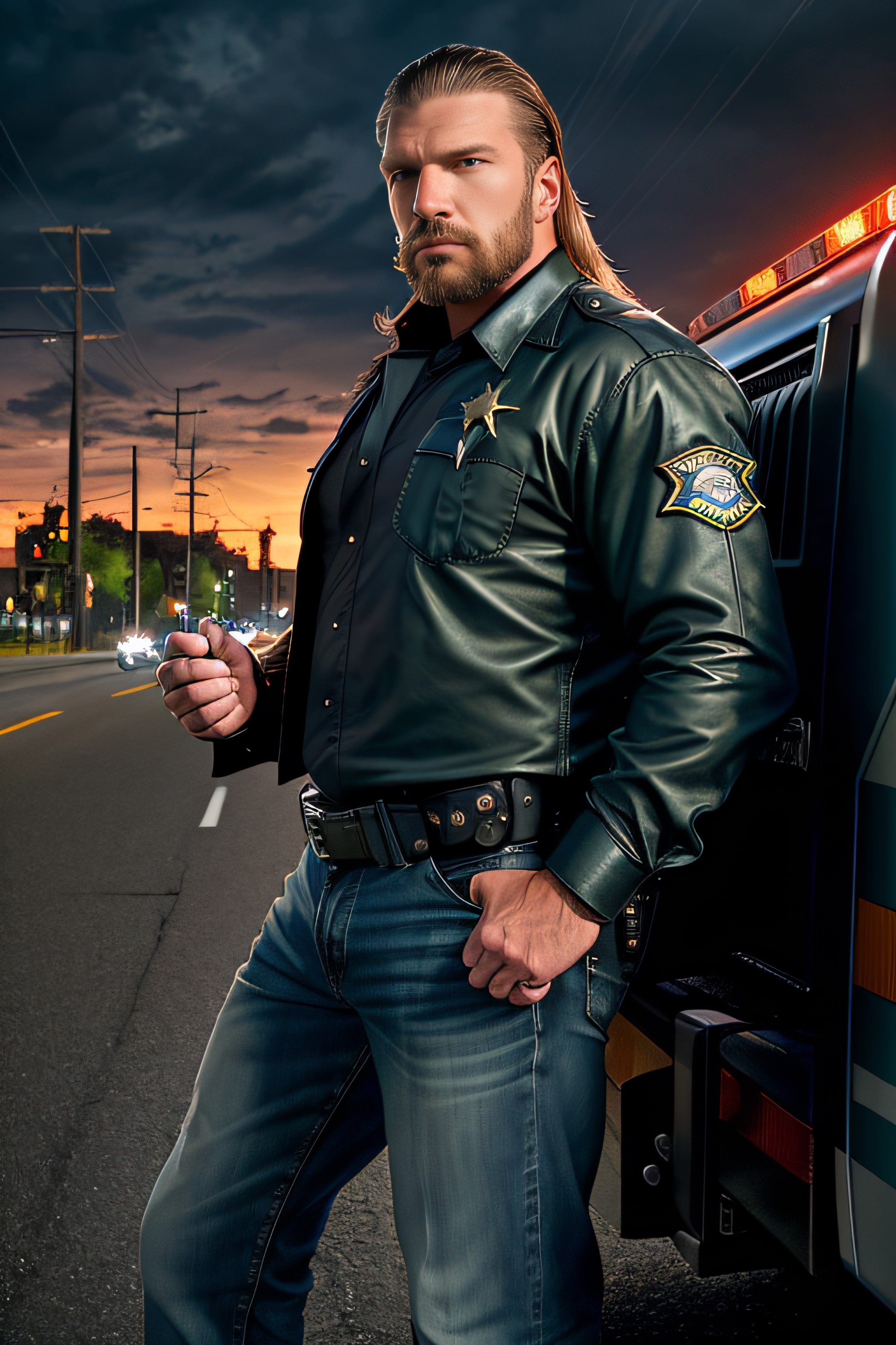 photo of (HHHCL01:0.99), a man as a sheriff, modelshoot style, ((full beard:1.2)), (long hair:1.3), (extremely detailed CG...
