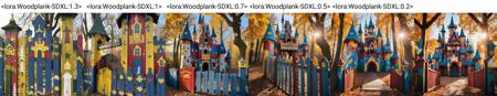 vista, archviz photo of  (wooden fantasy castle:1.3) in oak forest, with colourful painted irregular fence, roof unpainted wood, woodplank colourful abstract signs paintwork texture, weathered cracking peeling paint, showing wood,  winter, golden hour
    <lora:Woodplank-SDXL:1.3>