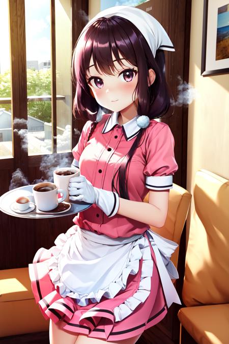 (masterpiece, best quality, absurdres:1.2), MaikaSaku, <lora:Maika5:0.8>, dynamic pose, looking at viewer, (indoors, cafe), frills, white gloves, pink uniform, puffy short sleeves, waist apron, white apron, pink shirt, frilled apron, head scarf, (holding, holding plate, mug, coffee, steam)