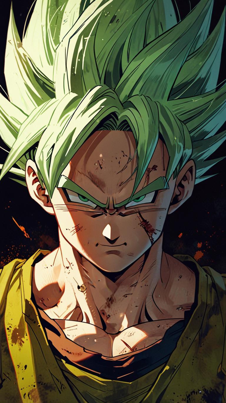 dragon ball x issou, dragon ball by tadaa tadaa, in the style of dark yellow and light green, hyper-realistic portraiture, 2d game art, staining, manticore, womancore, caffenol developing --ar 9:16 --s 750 --niji 5