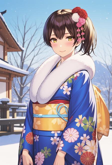 1girl, kaga \(kancolle\), kantai collection, (unowen), cowboy shot, blue kimono, print kimono, fur trim, floral print, long sleeves, wide sleeves, blush, looking at viewer, smile, side ponytail, furisode, obi, yellow bow, hair ornament, hair flower, brown eyes, outdoors, day, natural lighting,  (masterpiece, best quality), outdoors, detailed scenery, winter, snow, (3d render:0.4), highly detailed, finely detailed <lora:kaga_ny_animaginexl_2-14:0.7>