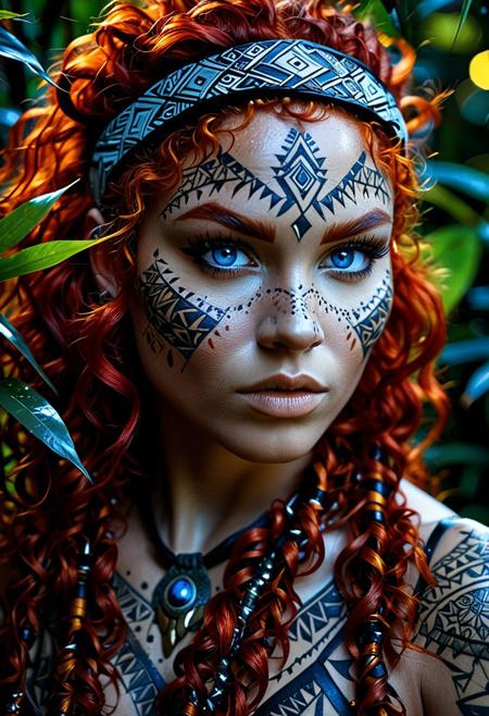 (Extreme close-up portrait:1.3), fierce tribal huntress with vibrant fiery red curly hair, intricate geometric primal tattoos symmetrically covering her skin, striking blue eyes, (prominent scar across eyebrow and eye:1.2), leather headband on forehead. Dressed in revealing fur clothing, peering intensely through dense jungle foliage at night. Dramatic chiaroscuro lighting, moonlight casting sharp shadows, atmospheric, hyperdetailed skin, sharp focus, (cinematic shot:1.1), primal aesthetic, (wild, untamed look:1.1), depth of field, fantasy art, watercolor drawing