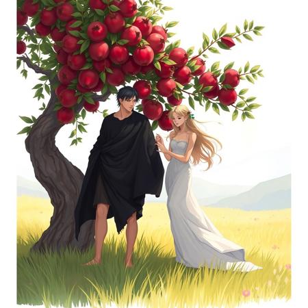 1woman, 1man, dark clothes on man, white clothes on woman, under pomegranate tree, meadow setting, Hades, Persephone, Greek gods, Anime