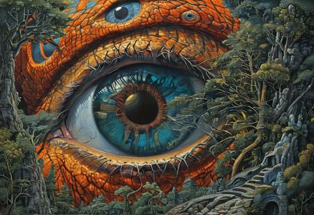 style of Mati Klarwein, EnhanceImage, highly detailed, ultra detailed, high quality, sharp image, bright orange gray blue forest background, rich shadows and bright highlights, close up view, elaborate illustration long segmented serpent monster, horror, light shining through, transparent fins and spikes