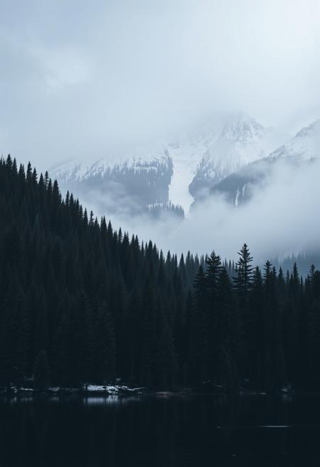 a mountain landscape, a forest of fir trees to mountain flan, a lake in the foreground, trees reflected in the water of the lake, snowy mountain in background, foggy and snowy landscape, dark and cold atmosphere, contrast shading