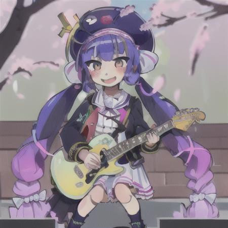 (masterpiece),(best quality),(ultra-detailed), (full body:1.2), <lora:Otomachi_Una-06:1.2>, 1girl, chibi, cute, smile, open mouth, long hair, twintails, blue hair, very long hair, hat, outdoors, playing guitar, music, beret, holding guitar, jacket, blush, tree, :3, shirt, short hair, cherry blossoms, green headwear, blurry, blush stickers, long sleeves, bangs, headphones, pink flower, (beautiful detailed face), (beautiful detailed eyes)