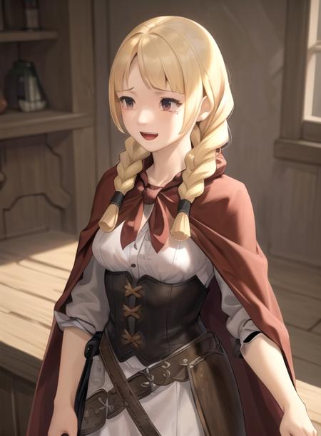 best quality, (masterpiece),(ultra-detailed), (high quality), (high resolution),   <lora:espellac-10:0.7>,1girl, :d, animal, belt, blonde hair, braid, breasts, cape, espella cantabella, hair over shoulder, long hair,, solo, tears, twin braids