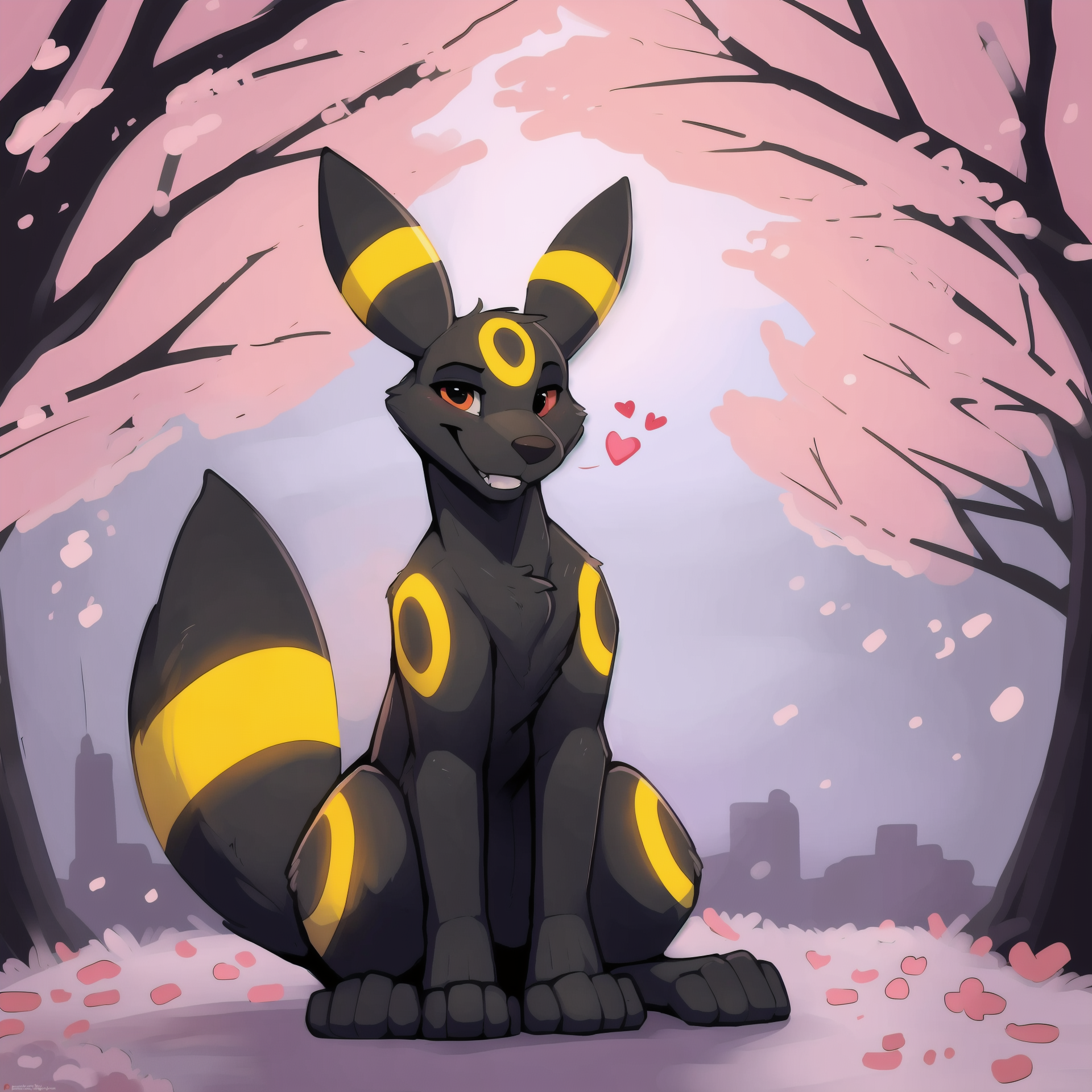 a feral umbreon sitting under a cherry blossom tree at night, feral, umbreon, looking at viewer, detailed background, <3, ...