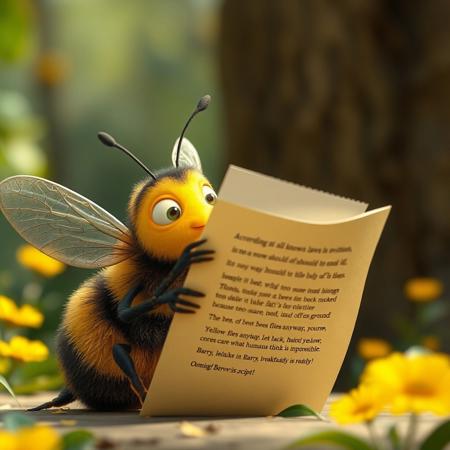 An Bee reading a big peace of paper saying:
"Bee movie script
According to all known laws
of aviation,
there is no way a bee
should be able to fly.
Its wings are too small to get
its fat little body off the ground.
The bee, of course, flies anyway
because bees don't care
what humans think is impossible.
Yellow, black. Yellow, black.
Yellow, black. Yellow, black.
Ooh, black and yellow!
Let's shake it up a little.
Barry! Breakfast is ready!
Ooming!"