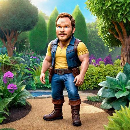 a funny male dwarf Chris Pratt  caricatured, full length, beard, shorty, haze filter, on garden background, masterpiece, dynamic spectrum lighting, high detail, amazing quality, saturated, light in contrast, ultra highly detailed, ultra hd, realistic, vivid colors, highly detailed, pen and ink, perfect composition, beautiful detailed intricate insanely detailed octane render trending on artstation
