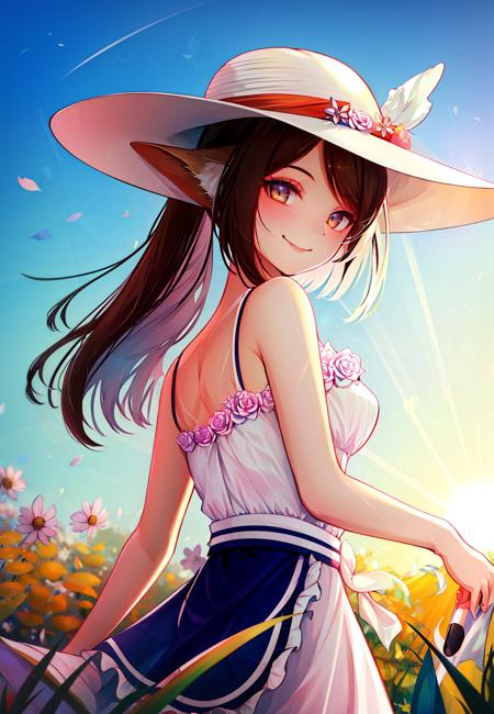 ((masterpiece,best quality)), highres, 1girl, perfumer, bare arms, bare shoulders, sun hat, flower, looking back, smile,