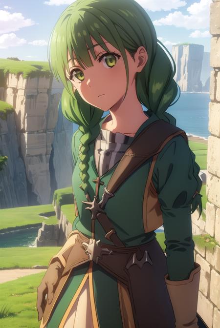 rishiaivyred, <lora:rishia ivyred s3-lora-nochekaiser:1>,
rishia ivyred, long hair, bow, (green eyes:1.3), braid, hair bow, green hair, twin braids,
BREAK gloves, dress, brown gloves, green dress, skirt, white skirt, puffy sleeves,
BREAK outdoors, forest, nature, sun, sky, trees, clouds, grass,
BREAK looking at viewer, (cowboy shot:1.5),
BREAK <lyco:GoodHands-beta2:1>, (masterpiece:1.2), best quality, high resolution, unity 8k wallpaper, (illustration:0.8), (beautiful detailed eyes:1.6), extremely detailed face, perfect lighting, extremely detailed CG, (perfect hands, perfect anatomy),