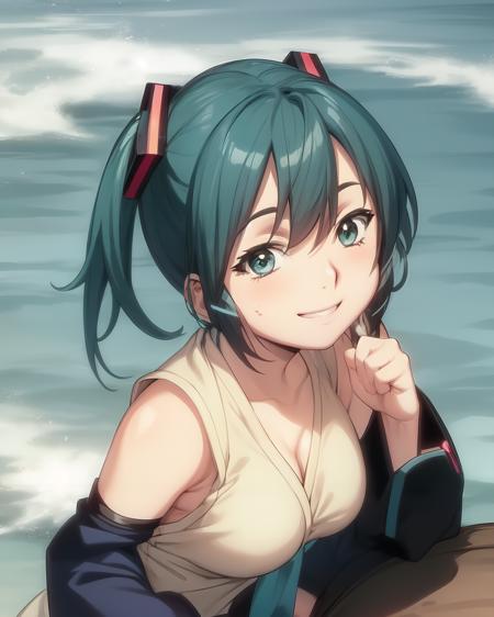 <lora:Manyuu:1>
1girl, solo, hatsune miku, aqua hair, aqua eyes, twintails, large breasts, smile