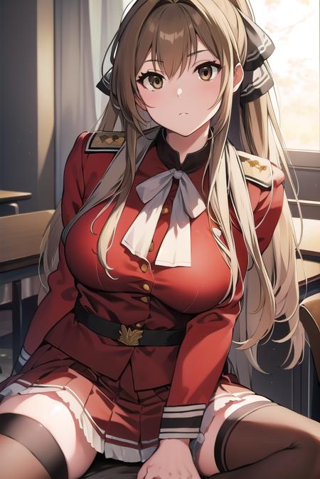 isuzusento, <lora:isuzusentotest:1>, 
isuzu sento, ahoge, (brown eyes:1.7), light brown hair, long hair, ponytail, hair ribbon, ribbon, (medium breast:1.2),
BREAK aiguillette, ankle boots, black ribbon, black skirt, boots, brown footwear, cross-laced footwear, frilled skirt, frills, jacket, lace-up boots, military, military uniform, pleated skirt, (red jacket:1.5), skirt, thighhighs, uniform, white thighhighs, white ribbon, buttons, sleeveless,
BREAK looking at viewer,
BREAK indoors, classroom,
BREAK <lora:GoodHands-vanilla:1>, (masterpiece:1.2), best quality, high resolution, unity 8k wallpaper, (illustration:0.8), (beautiful detailed eyes:1.6), extremely detailed face, perfect lighting, extremely detailed CG, (perfect hands, perfect anatomy),