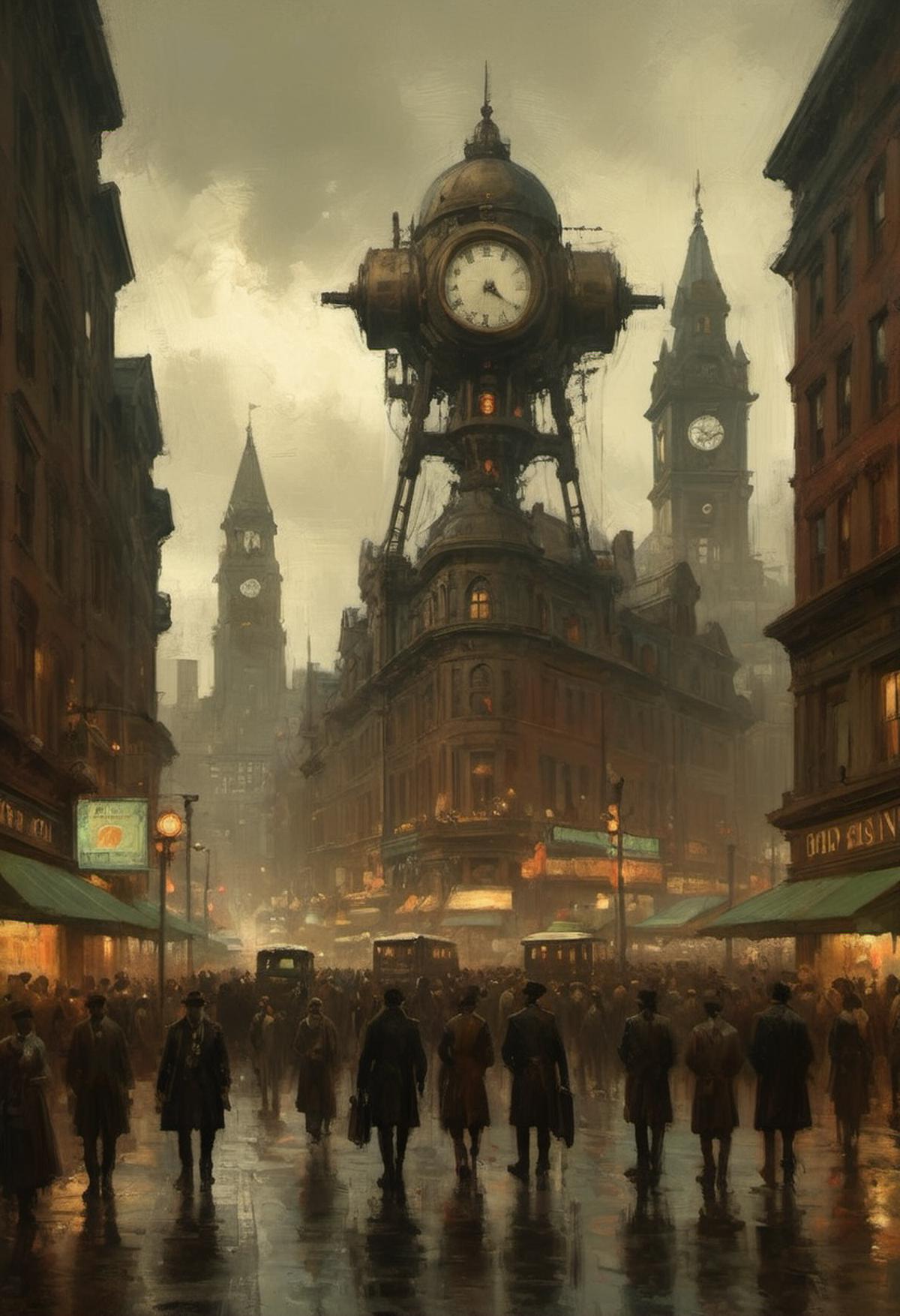 Artistic Painting of a Crowded City Street with an Old Clock Tower and Tall Buildings