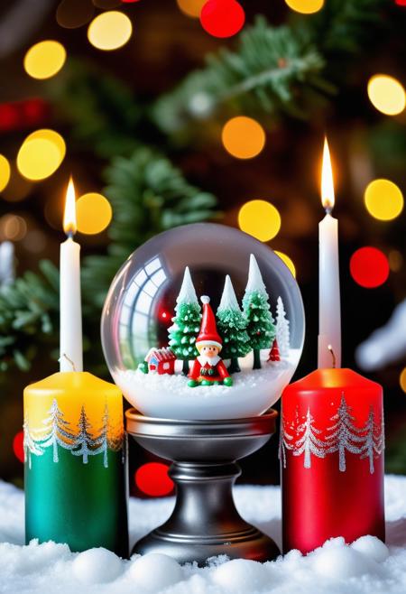 three Christmas candles with snowy fir trees painted on top, in the background a crystal ball with a Christmas elf