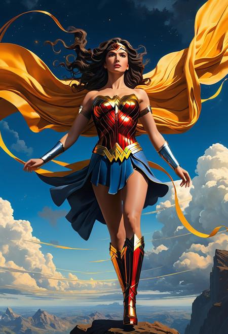 A majestic female figure, draped in wonder woman attire, soars upwards, surrounded by swirling clouds and shimmering rays of light, as if defying gravity, in the style of Leonardo da Vinci's Renaissance masterpieces, with intricate details and textures reminiscent of his iconic works, such as the "Vitruvian Man" and "The Last Supper". The atmosphere is filled with an otherworldly glow, as if the heavens themselves are beckoning the figure upwards, with a palette of deep blues and golds, complemented by vibrant oranges and yellows, evoking a sense of wonder and awe. Inspired by the works of concept artists like Simon Stalenhag and Ian McQue, this matte painting embodies the fantastical and intricate qualities of fantasy concept art, with an 8k resolution that rivals the latest Unreal Engine 5 visuals trending on Artstation.