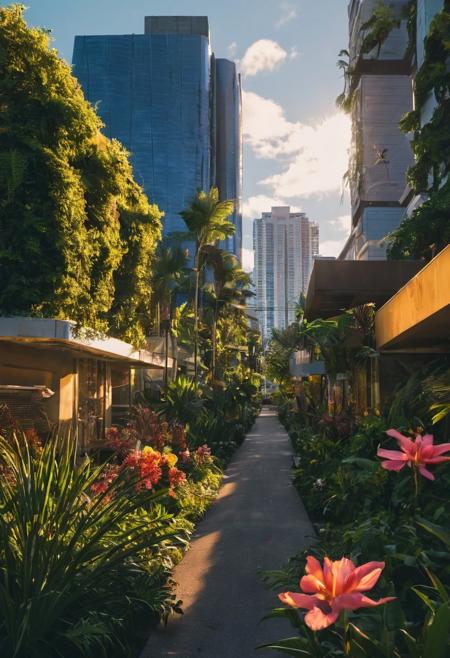 A photorealistic scene of Anchorage, Alaska during the summer solstice, but with a tropical climate. The cityscape features modern and cyberpunk buildings with neon lights, set against a backdrop of lush, vibrant tropical vegetation and palm trees. The sky is a deep blue with a few fluffy white clouds, and the sun is high, casting a warm, golden glow. The streets are lined with exotic flowers and greenery, contrasting with the sleek, metallic architecture. The atmosphere is a blend of futuristic and tropical, capturing the essence of a unique and imaginative urban environment. High-resolution, detailed textures, and a dynamic interplay of light and shadow.