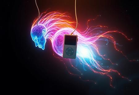 A spectral and incorporeal energy entity, glowing with radiant, pulsating colors. Its form shifts constantly, blending hues of electric blue, neon violet, and radiant gold, with streaks of fiery red coursing through its swirling, ethereal body. This being exudes an aura of immense power and wisdom, its edges shimmering with fractal-like energy patterns.
A vibrant core of pure white light pulses at its center, casting an otherworldly glow that illuminates the dark void around it. Despite its enigmatic and ancient presence, the being wears a vintage iPod clipped to its glowing form, connected to sleek white earbuds that somehow stay suspended near what might be its head. The iPod, a stark contrast to its cosmic appearance, shines with the distinct white glow of the iconic Apple design, featuring a classic click wheel.
Surrounding the entity are arcs of crackling energy and faint traces of luminous particles, creating a mesmerizing dance of light and shadow. The environment is a vast, shadowy expanse, punctuated by stars and nebula-like swirls of color, with a subtle nod to the vibe of the iconic Apple iPod commercials: a futuristic yet nostalgic fusion of light, sound, and style.
