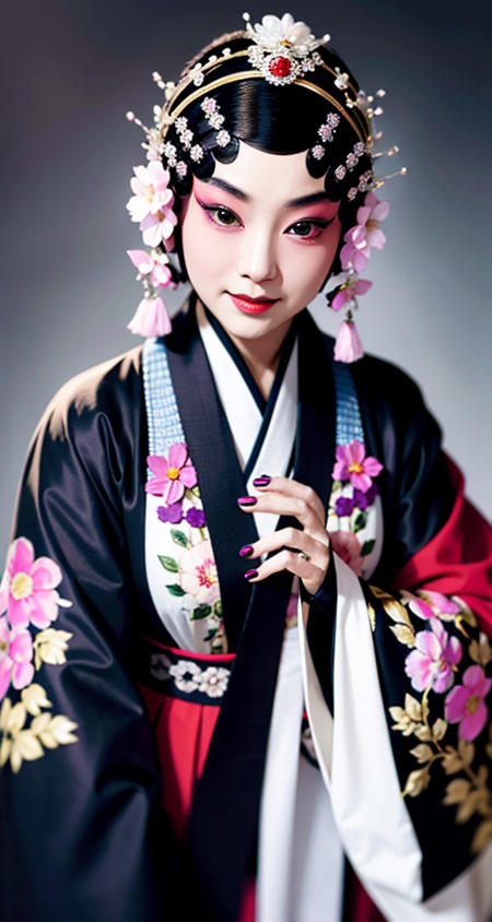 [jingju:999],
photorealistic,realistic, solo, photorealistic, best quality, ultra high res,
bjofemale, 1girl, solo, jewelry, black hair, hair ornament, makeup, ring, flower, black background, lipstick, eyeshadow, japanese clothes, black eyes, floral print, smile, kimono
beautiful, masterpiece, best quality, extremely detailed face, perfect lighting, solo,1girl,
best quality, ultra high res, photorealistic,
ultra detailed,
masterpiece, best quality, <lora:000_AiMeishi_bjomale_bjofemale-000002:1>