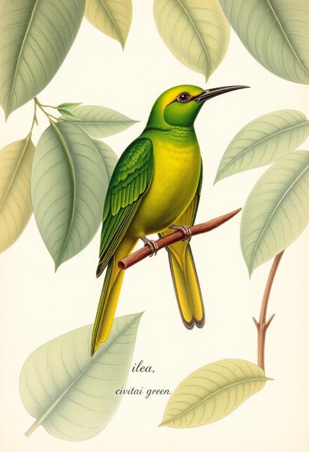 Audubon society drawing of an exotic bright green bird found deep in the amazon, bird is perched on a branch,  various green leaves in the background,
 at the bottom of the print civitai green is written small in cursive script