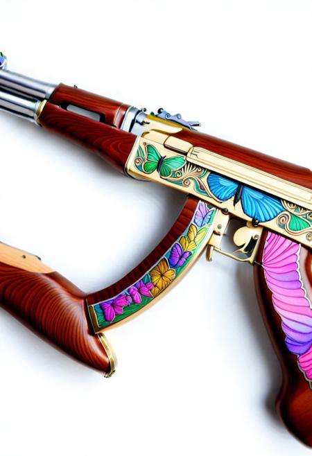 butterflyStyle,
purple butterflyStyle, 
A photograph depicts a close-up of a hand drawing a detailed, (a Art Nouveau ak47skins morphing into iridescent butterfly wings) line sketch of a rifle on white paper, holographic display with technicolor patterns, chrome metal plating transforming into delicate wing membranes, goldwork eggplant color theme, intricate pattern, detailed goldwork, Art Nouveau style, focus on ak47skins, The hand, with medium skin tone, holds a metallic pencil. The rifle design includes a long barrel, a stock, and a visible magazine. The lines are clean and precise, indicating careful attention to detail. The background is out of focus, emphasizing the drawing.