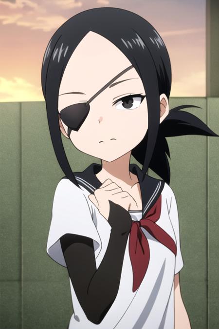 masterpiece, best quality, <lora:kunoichi_aogiri:0.7>  kunoichi_aogiri, 1girl, solo, black eyes, eyepatch, black hair, folded ponytail, looking at viewer,  serafuku, sailor collar, red neckerchief,  delicated ilumination, short sleeves,