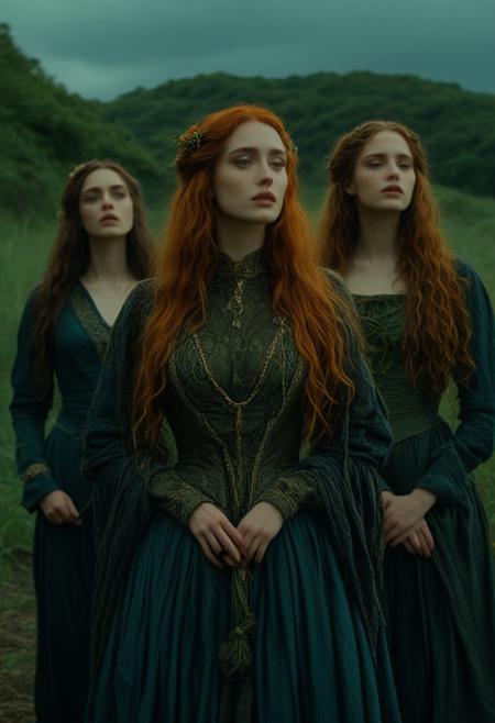 highly cinematic, 3 woman, melancholic and dramatic atmosphere, film scene, wearing absurd clothing, part, inspired by Pre-Raphaelitism