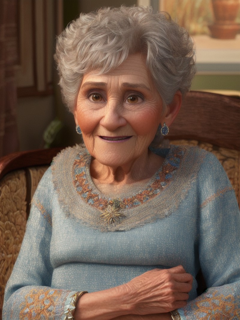 (pixarstyle) a waist-length portrait of a grandmother, natural skin texture, 4k textures, hdr, intricate, highly detailed,...