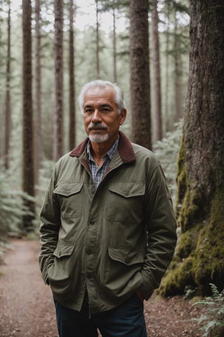 RAW photo, a portrait photo of 55 y.o man, traveler clothes, standing in the forest, natural skin, 8k uhd, high quality, film grain, Fujifilm XT3