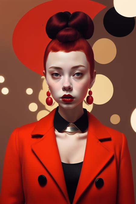 a woman with a red coat and a red top , 1girl, breasts, looking at viewer, black hair, cleavage, jewelry, medium breasts, jacket, red hair, multicolored hair, earrings, solo focus, dark skin, hair bun, blurry, blurry background, single hair bun, realistic , Harmonious_Dreamer