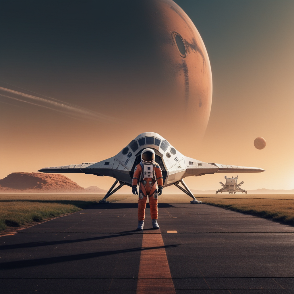 astronaut in front of old looking spaceship on runway, sunset, little grass everywhere, Mars,  <lora:add_detail:1.3>, photo from distance, little fog at ground