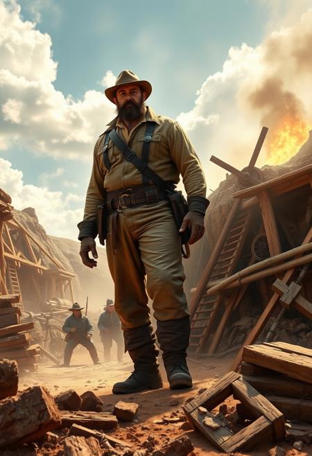 Visualize a rugged Old West scene depicting a towering miner named Big John, standing six foot six and weighing 245 pounds, his imposing figure contrasted against a dusty, sunlit mining site. His broad shoulders and narrow hips, clad in worn mining gear, make him a notable figure among the workers. The image captures his strength and silent authority.
One fateful day, as a timber cracked and chaos erupted at the mine's depths, Big John’s heroic act unfolds. The scene shows him bracing against the rubble, his powerful frame pushing against the debris. Amidst the smoke and cries of his fellow miners, Big John is the lone beacon of hope. A miner’s shout reveals a glimmer of light, signifying John's successful effort to save 20 trapped men from what seemed to be their final moments.
The scene shifts to a somber moment as the miners, with jacks and timbers, descend again. The rumble and explosion of gas and smoke signify the mine’s final, destructive collapse. The grim reality sets in: Big John’s sacrifice is final. 
In memory of his heroism, a marble stand marks the site. Inscribed with "At the bottom of this mine lies a big, big man, Big John," it stands as a tribute to the man whose bravery and sacrifice became the stuff of legend in this Old West tale.