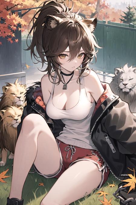 1girl, siege (arknights), lion ears, animal ears, breasts, red shorts, shorts, lion, candy, long hair, sitting, lollipop, jacket, looking at viewer, food, black jacket , fur trim, choker, solo, short shorts, off shoulder, fur-trimmed jacket, large breasts, tank top , bare shoulders, bangs, brown eyes, blonde hair, chain-link fence, thighs, open jacket, black choker, white tank top, brown hair, long sleeves, ponytail, shirt, open clothes, feet out of frame, white shirt, hair between eyes, fence, lion tail, cleavage, parted lips ,scenery, tree, autumn leaves, autumn, outdoors, leaf, fence, day, maple leaf, nature 
//,
///////////  <lora:netural-000193:1>