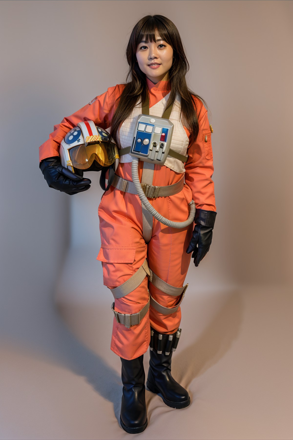 asian woman in rebel pilot suit,long hair,holding helmet<lora:RPSV3:0.8>