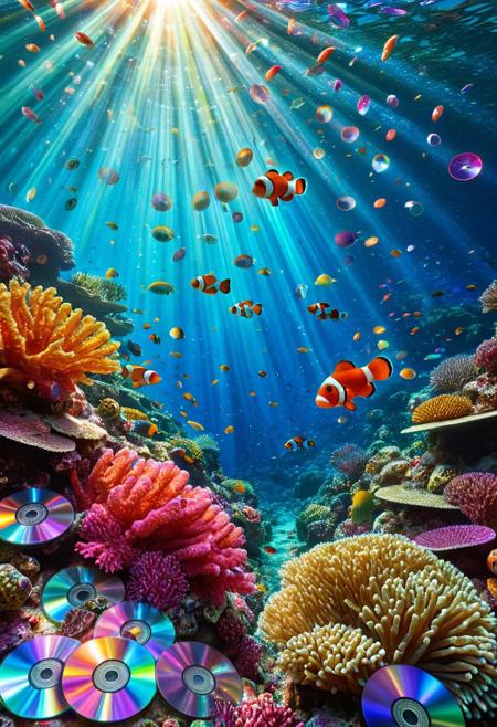 An underwater coral reef filled with vibrant, multicolored corals, neon hues, surreal atmosphere, surrounded by clownfish made entirely of compact discs, their scales reflecting iridescent rainbow colors, intricate disc patterns, shimmering water, beams of sunlight piercing through, hyper detailed, artistic composition, photorealistic textures, colorful and expressive, made of cd's