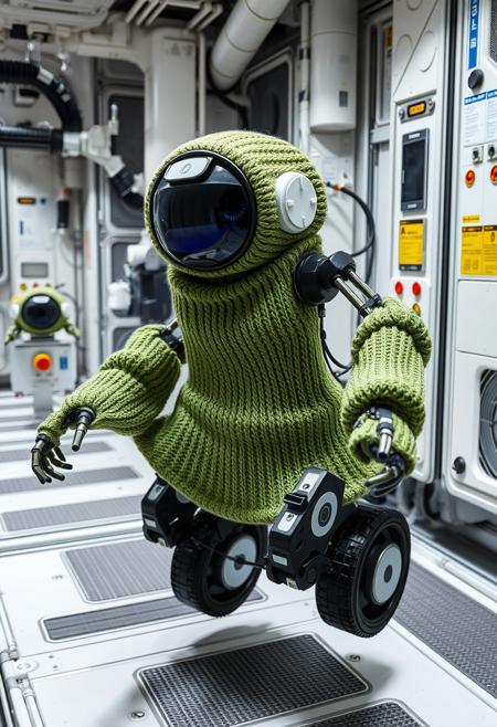 kuka-like robot moves around the ISS. The robot is dressed in green knitted clothes