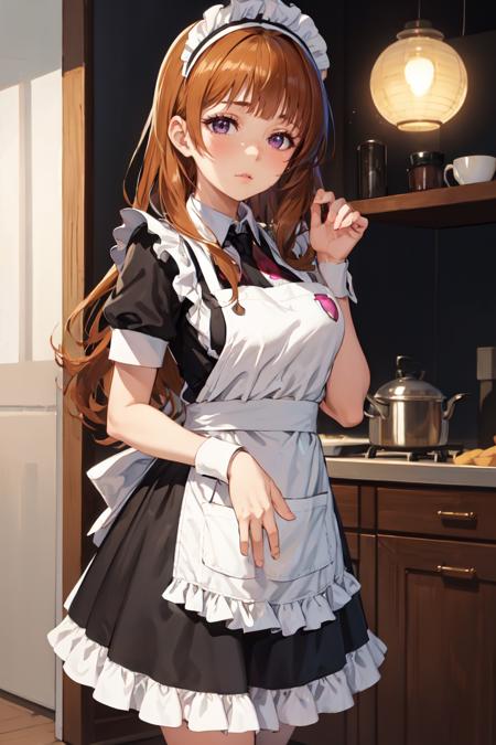 masterpiece, best quality, absurdres, 1girl, solo, AnjuYuuki, long hair, maid, maid headdress, maid apron, kitchen, <lora:AnjuYuuki:1>