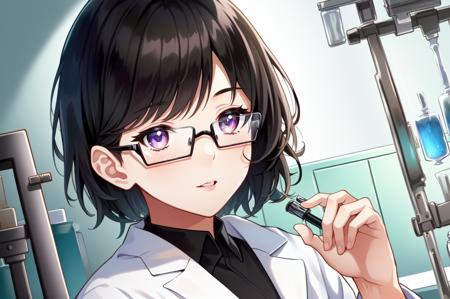 ((masterpiece)), best quality, perfect anatomy, (solo focus:1.4), (Accurate five-fingered hands), purple eyes, indoors, (masterpiece), ((small breasts)), (short black hair), glasses, (((wearing white lab coat))), (standing in a laboratory), scientist girl, ((laboratory equipment in a background)), volumetric lighting, good lighting, best quality, highly detailed, extremely detailed cg unity 8k wallpaper, illustration, ((beautiful detailed face)), best quality, ((hyper-detailed)), high resolution illustration, high quality, highres, sidelighting, ((illustrationbest)), highres, illustration, hyper-detailed, intricate detail, perfect, high detailed eyes, perfect lighting, (extremely detailed CG:1.2)