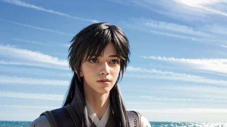 a young man with long black hair and a vest on standing in front of the ocean with a blue sky, (1girl:0.955), (bangs:0.575), (black eyes:0.572), (black hair:0.709), (blue sky:0.985), (closed mouth:0.536), (cloud:0.927), (day:0.980), (horizon:0.816), (japanese clothes:0.511), (lips:0.764), (long hair:0.775), (looking at viewer:0.811), (nose:0.534), (ocean:0.950), (outdoors:0.734), (realistic:0.814), (sky:0.988), (solo:0.937), (upper body:0.557), (water:0.600)