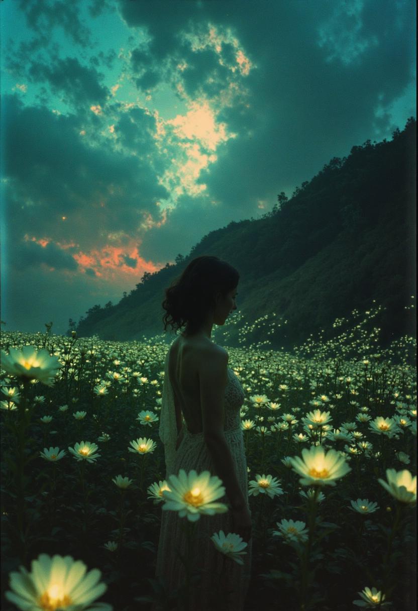  analogstyle,A color-saturated photograph, its colors bleeding into each other as if painted on water, captures a dreamlike scene.  A woman, her form shimmering and translucent, stands amidst a field of bioluminescent flowers. Their petals pulsate with an eerie green light, casting an otherworldly glow on her ethereal form.  Behind her, the fragmented remains of a meteorite, its pieces scattered like shattered glass across the landscape, are slowly being consumed by the glowing flowers.  The sky above is a kaleidoscope of swirling colors, reflecting the chaotic energy of the impact.  The woman's face, a mask of both sorrow and acceptance, seems to echo the fragmentation of the meteorite, hinting at the inevitable disintegration of all things in the face of cosmic forces. 