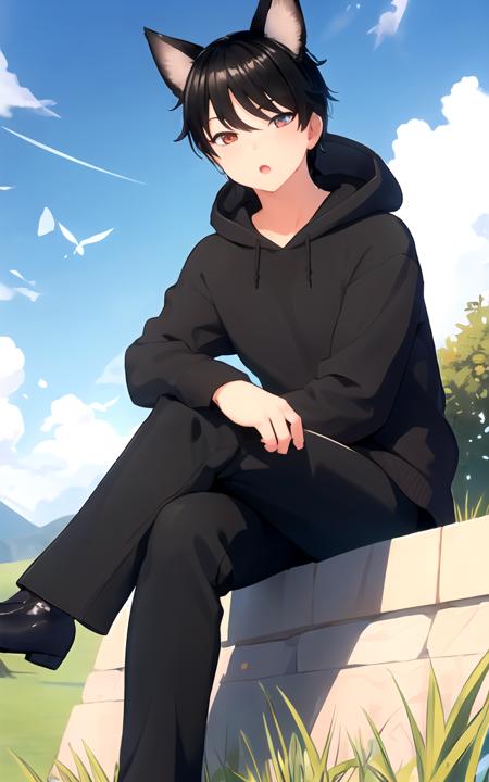 (masterpiece:1.2),best quality, masterpiece, highres, original, extremely detailed wallpaper, bokeh,
1boy, solo, cowboy shot, looking at viewer, :o, 
crossed legs, 
<lora:Robin_Akiyama:0.7> robinakiyama,
black hoodie, black pants, black footwear, 
outdoors, blue sky, on grass, sunlight, sun, butterfly,