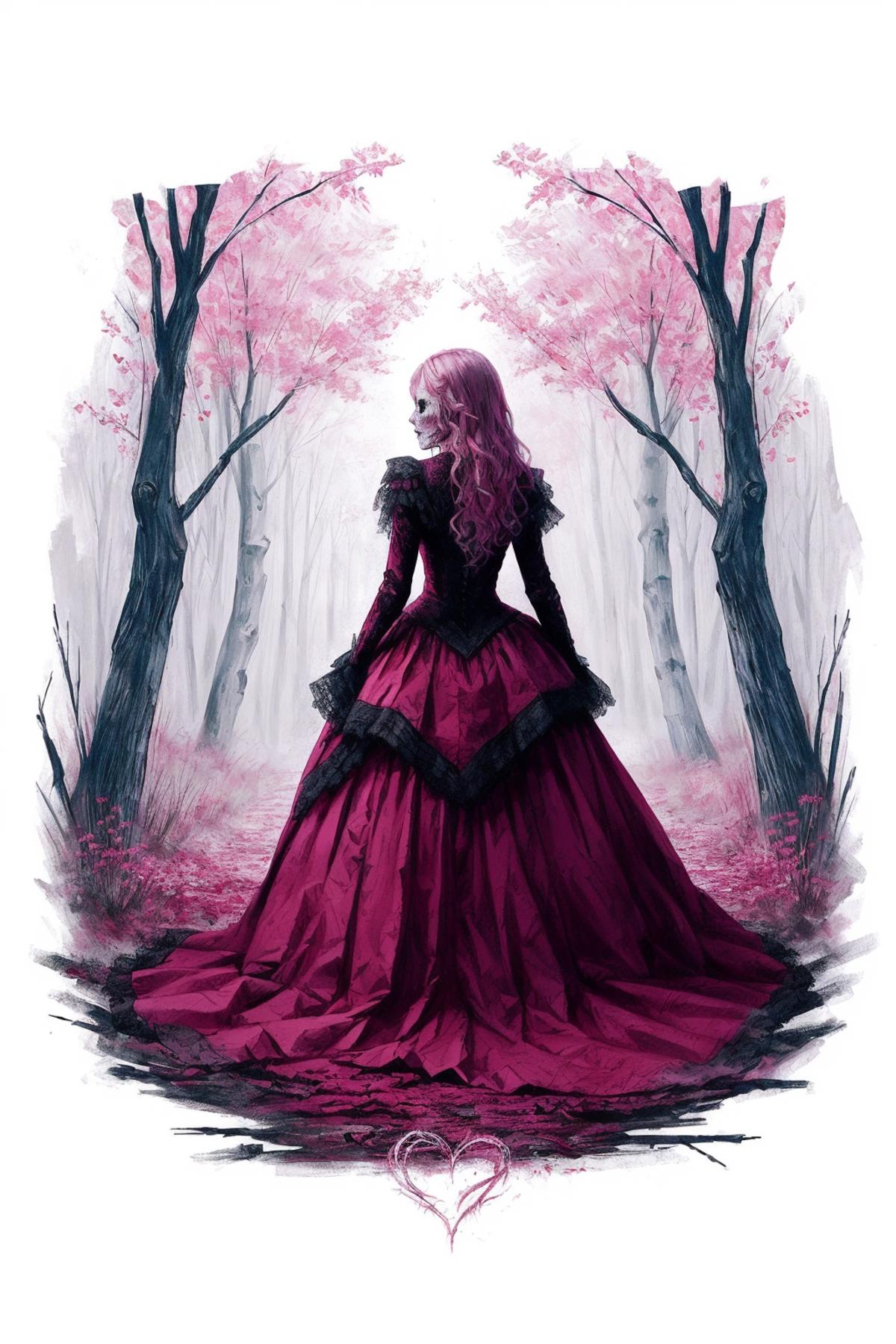 A woman in a purple dress standing in a forest.