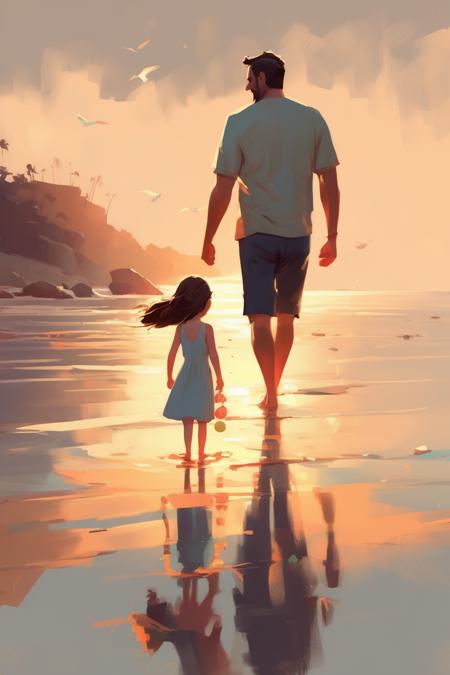 <lora:Atey Ghailan style:1>Atey Ghailan style - illustration of a dad an his girl playing on the beach