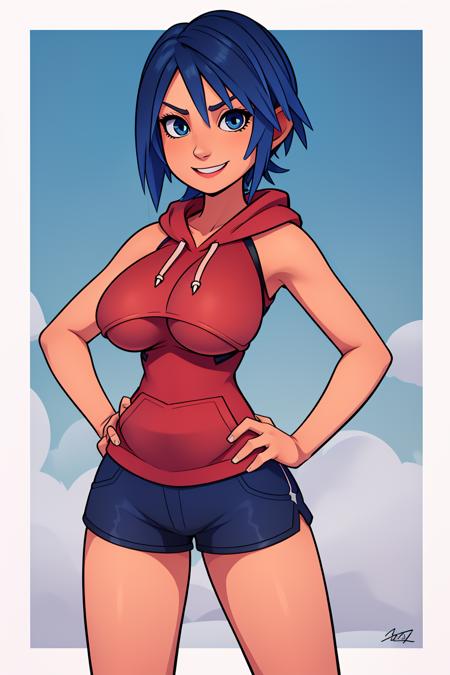 Highly detailed, High Quality, Masterpiece, KH-Aqua,<lora:[Floor]KHAqua:.6>, KH-Aqua, blue eyes, blue hair, short hair, (red-hoodie:1.4), (shorts:1.2), (huge breasts:1.4), smiling, (hands on hips:1.4)