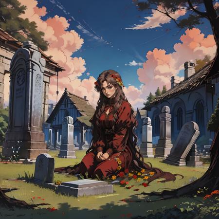 (high quality), nodf_lora, 1girl, long hair, tombstone, praying, clouds, solo, flower, outdoors, nature, afternoon, <lora:notion_of_dark_fantasy-nodf:1>