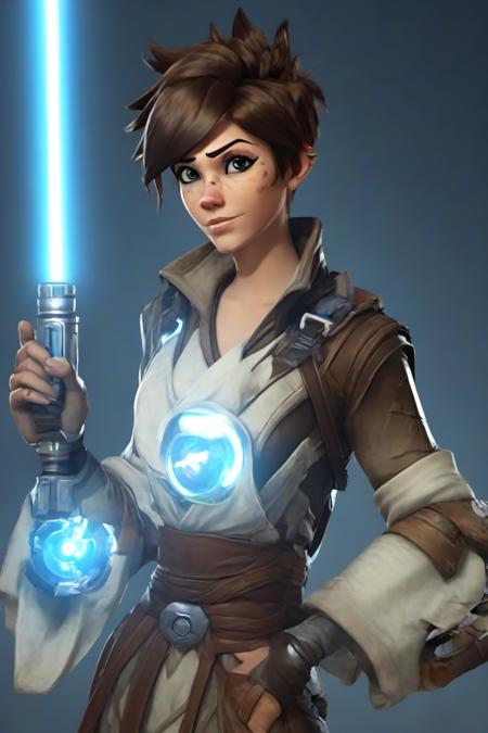 PETracerOW,<lora:PE_TracerOverWatch:1>,
portrait of tracer,freckles,outfit,
wearing jedi clothes,robe,holding  a light saber